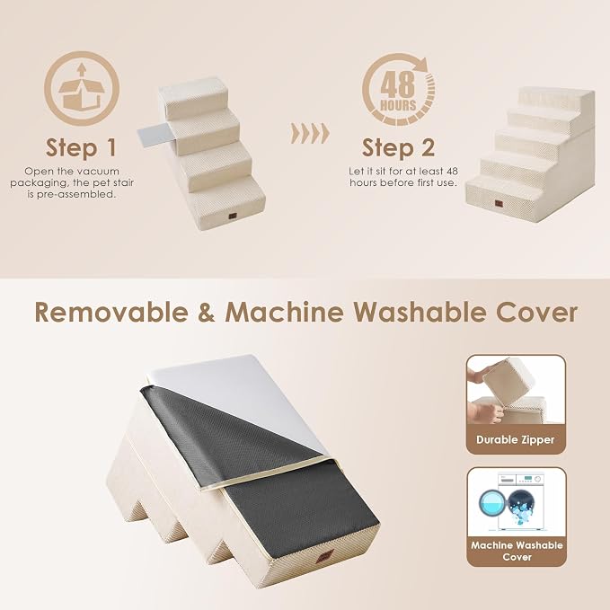 EHEYCIGA Dog Stairs for High Bed 25" H, Extra Wide Dog 5-Step, Beige | Pet Steps for Small Dogs and Cats for Bed, Non-Slip Balanced Pet Ramp Indoor