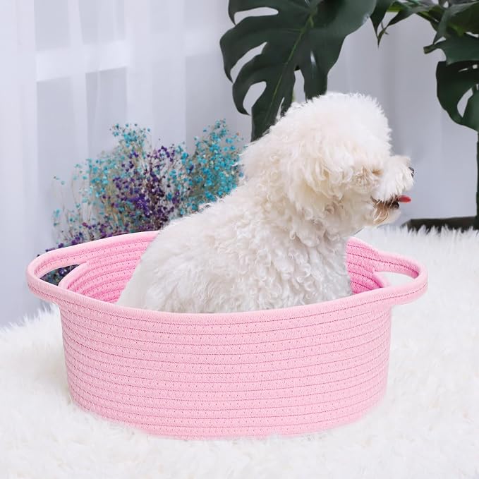 ABenkle Small Basket with Handles, Boho Decorative Rope Woven Dog Cat Toy Storage Bin Shelf Storage Organizer, Easter Christmas Gift Basket, 12"x8"x5", Pink