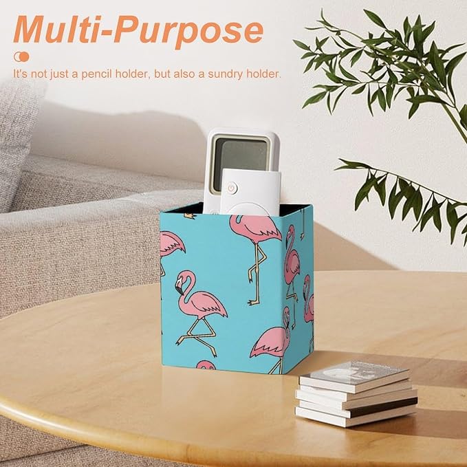 PU Leather Pen Pencil Holder Flamingo Floral Sky Blue Pencil Cup Stationery Container Box Makeup Brush Holder Storage Organizer for Office Supplies
