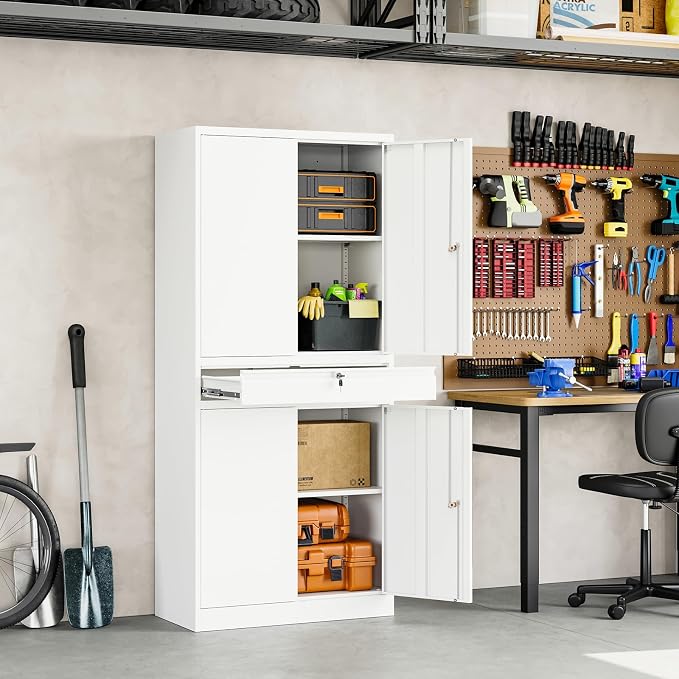 Metal Garage Storage Cabinet with Locking Doors and Adjustable Shelves, 71" Tool Storage Cabinet with 1 Drawer for Garage,Office,Warehouse (White)
