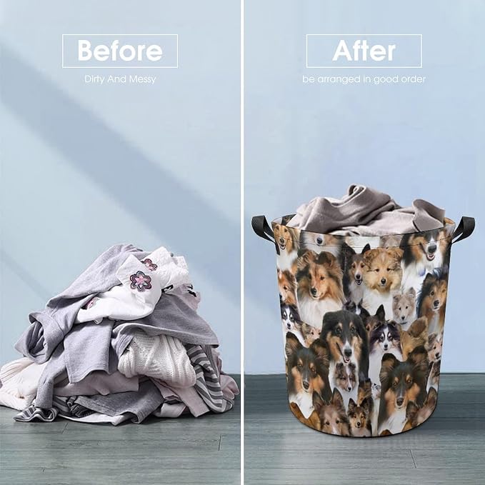 Sheltie Dog Print Laundry Basket, Funny Sheltie Dog Face Laundry Hamper, Foldable Waterproof Oxford Cloth Tote Bag Dirty Clothes Storage Bucket Organizer for Bathroom Bedroom