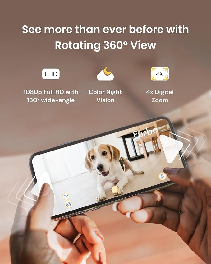 Furbo 360° Dog Camera [No Monthly Fee] | 360° Rotating Live View, Barking Alerts, Treat Toss, 2-Way Audio, Night Vision, Smart Home Puppy Monitoring, No AI Alerts