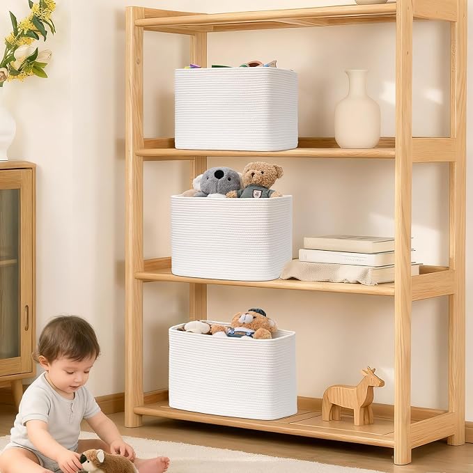 3 Pack Cube Storage Bin, 17”x12”x12” Cotton Rope Woven Baskets for Organizing Toys Clothes Towels, Square Gift Storage Baskets for Shelves, Nursery, Closet, Bathroom, Pantry (White)