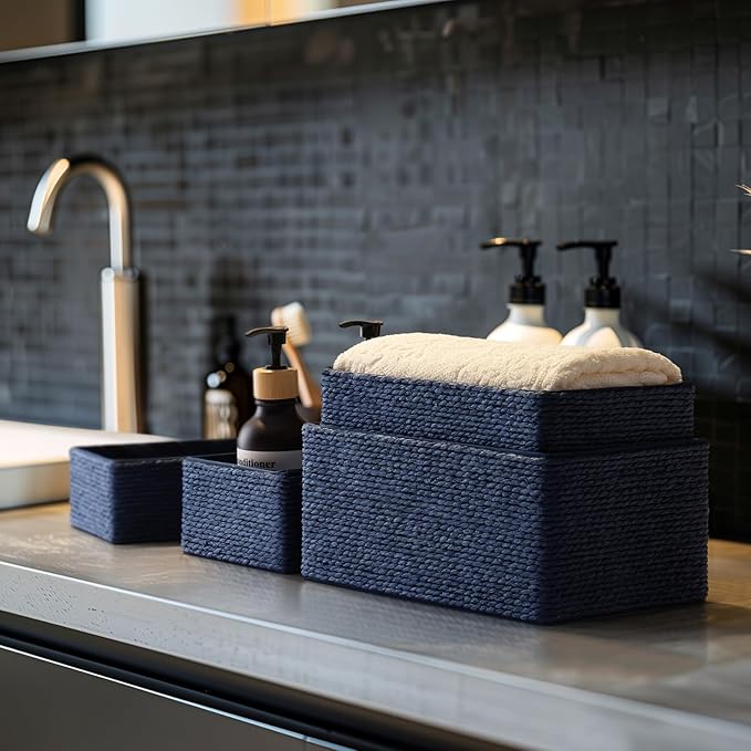 LA JOLIE MUSE Bathroom Basket Organizers, Paper Rope Storage, Blue 4 Pack