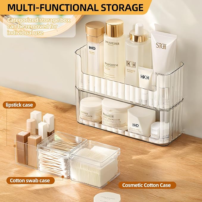 PAVSTINE 2-Tier Stackable Medicine Cabinet Organizer, Narrow Bathroom Makeup Organizer with Lipstick Holders & Cotton Swab Cases, Clear Countertop Shelf for Mirror Cabinet and Vanity