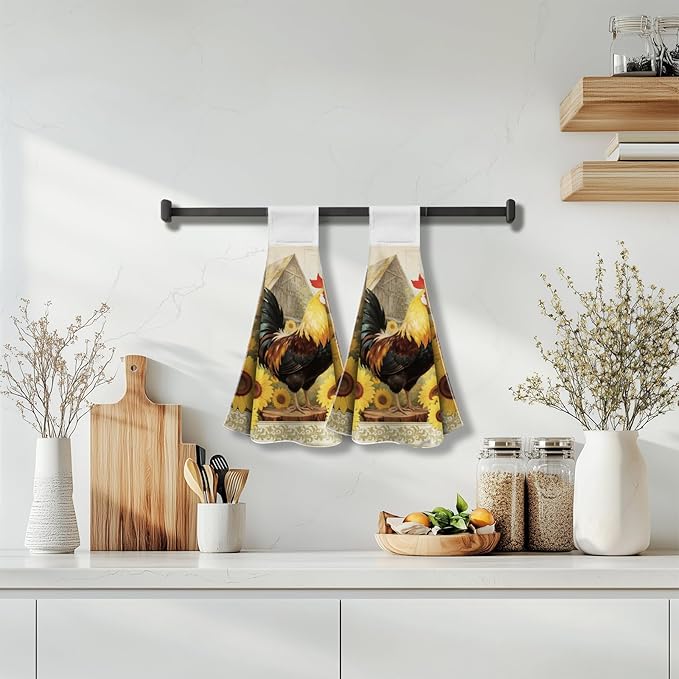 CUTHOLLOW Rooster and Sunflower Hanging Kitchen Towels with Loop, Set of 2 - Soft & Super Absorbent Microfiber Decorative Hanging Dish & Hand Towel, Tea, Coffee Towel for Kitchen Bathroom Oven Handle
