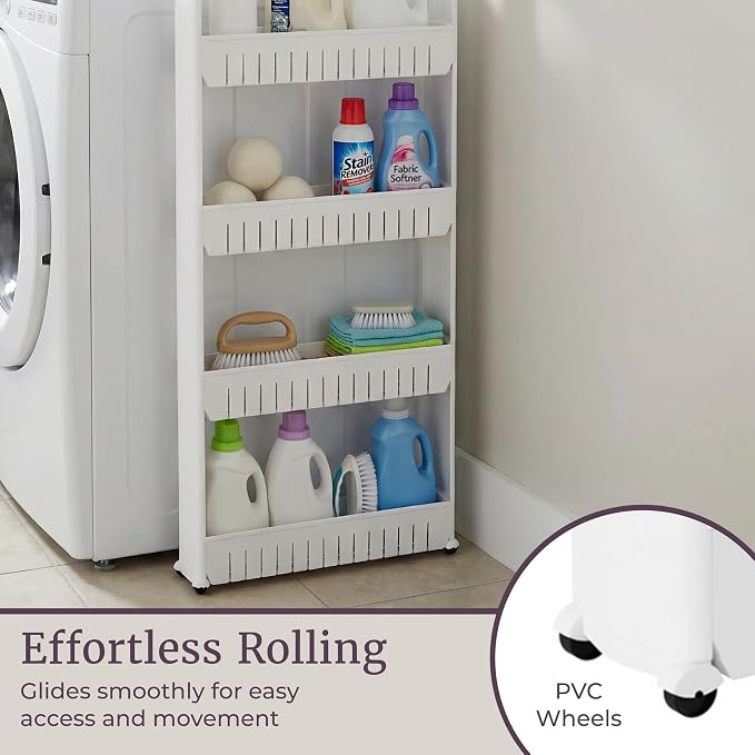 Lavish Home Slim Rolling Storage Cart, White, 21.5” x 5” x 52”