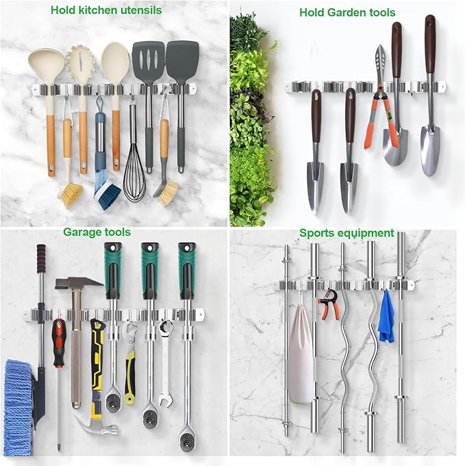 voze 5 Racks and 4 Hooks Mop and Broom Holder Wall Mount, Self Adhesive Heavy Duty Broom Hanger Organizer Storage Tool Racks for Kitchen Garden Laundry Garage (Pack of 2)