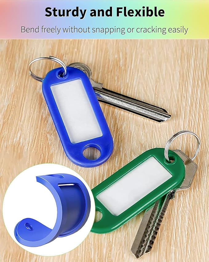 Uniclife 2 Inch Tough Plastic Key Tags in 10 Assorted Colors, 100 Pack | Writable key tags with clear windows, blank paper labels, protective films and split rings for easy item identification