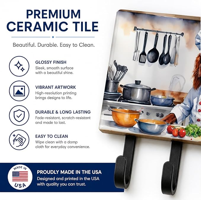 Caroline's Treasures Irish Setter The Chef Leash or Key Holder Wall Hooks, Key Hooks Holder, Coat Rack Wall Mount, Coat Hooks, Hooks for Hanging Keys, Towels, Aprons, Leashes | Irish Setter The Chef artwork on ceramic tile with three steel hooks for ke...