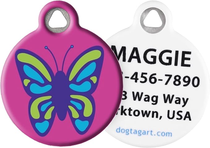 Wing It Lupine Pattern Personalized Pet ID Tag for Dogs and Cats, Silent Polymer Coated Stainless Steel Butterfly Nametag with Customized Identification Information, Large 1.25" Diameter