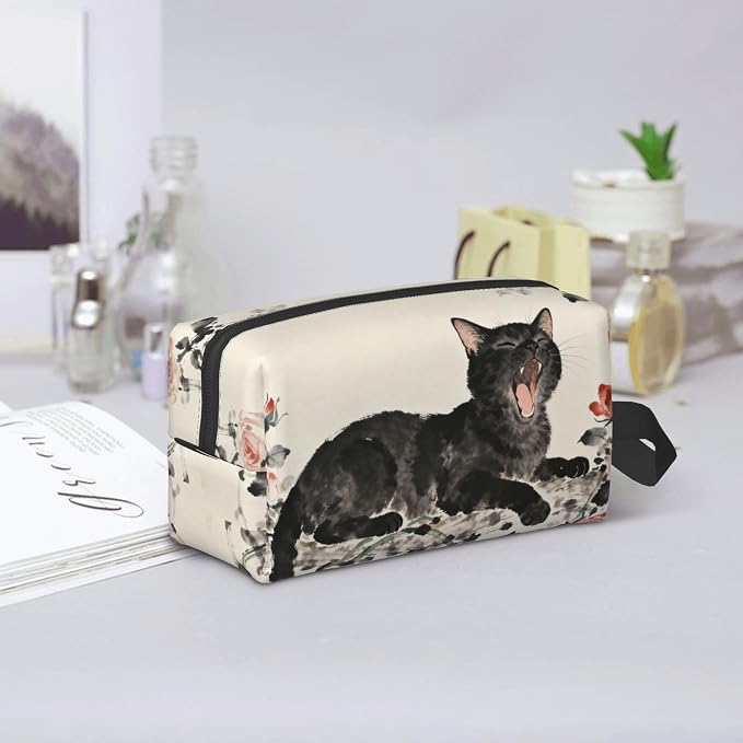 Yawning Black Cat Roses Makeup Bag - Durable 600D Oxford Fabric Travel Cosmetic Bag, Shockproof Foam Padded Toiletry Organizer for Gym & Daily Use 10x6.2x4.9 Inch