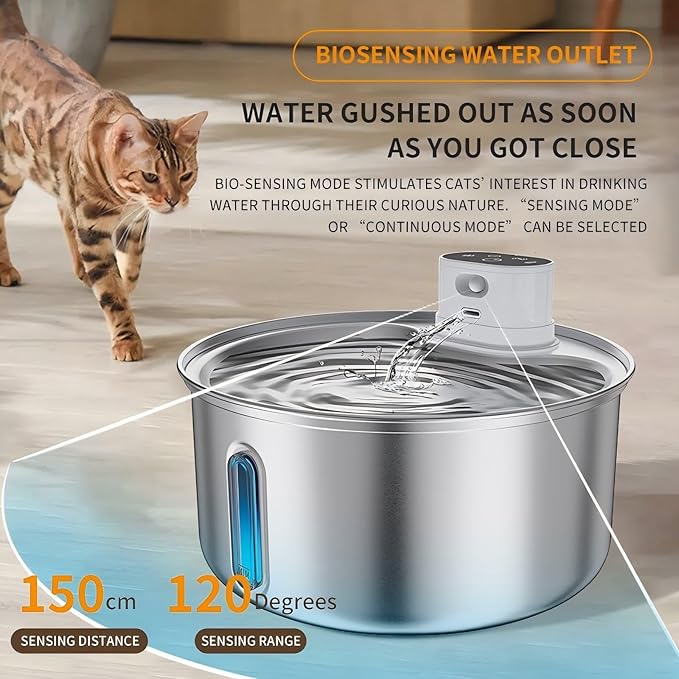 Stainless Steel Cat Water Fountain Indoor 5.5L Wireless Pet Water Fountain with Motion Sensor for Cats &Dog Pet Water Dispenser
