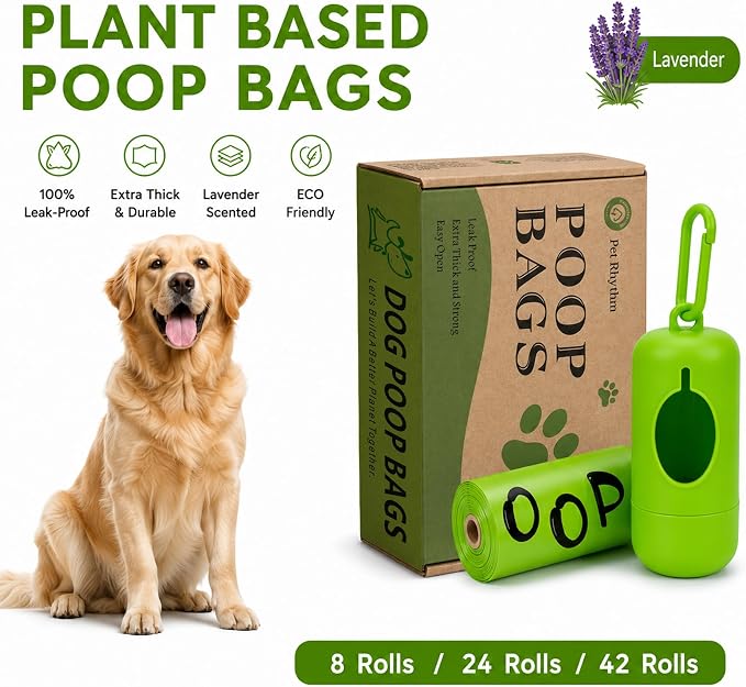 Dog Poop Bags rolls with Dispenser,120 pack Plant-Based Material | Dog Waste Bags Extra Thick Leak-Proof , Lavender-Scented Dog Poop Bags, 13x9 Inch for Bags for Dogs Walking and Cat Litter