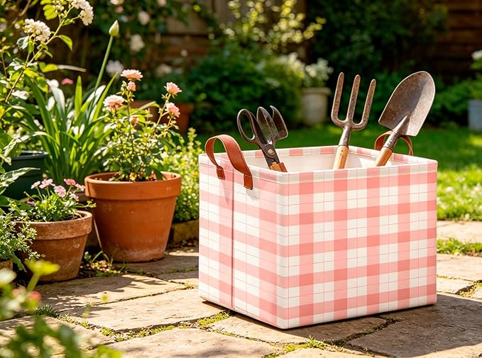 CLOCOR Rectangular Storage Basket,Collapsible Storage Bin,Waterproof Books Box with Handles,Gift Basket(Pink Grid)