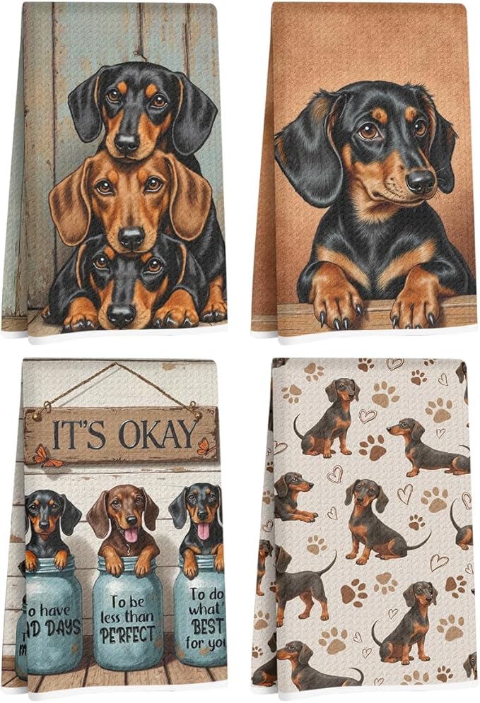 4 Pcs Dachshund Kitchen Towels 24x14 Inch, Dachshund Gifts Reusable Dish Towels for Kitchen Bathroom Decor, Weiner Dog Hand Cloth Tea Towel, Cute Dog Inspirational Gifts for Women Mom Friend