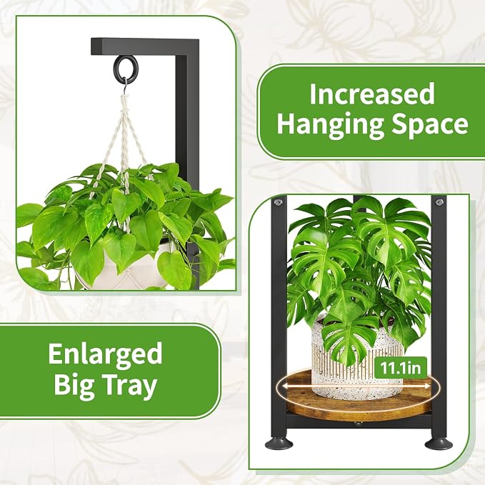 KMOTASUO Black 4 Tier Plant Stand Indoor with Hanging Ring, Tall Large Heavy Duty Metal and Wood Vertical Rack for Multiple Planter, Sturdy Rustic Corner Flower Shelf Holder Organizer for House Patio