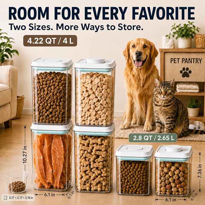 4.2 Qt Airtight Dog Food Storage Container with Scoop, Pop Lid | Includes a 130 ml scoop; clear, stackable BPA-free canister with one-touch pop lid for dry dog kibble, cat food and treats.