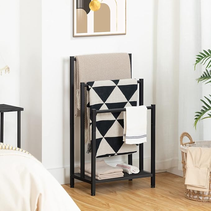 HOOBRO Free Standing Towel Rack, 3 Tier Blanket Rack, Blanket Holder for Bathroom, 16.9" L x 11" W x 31.9" H, Industrial Metal Drying and Display Rack with Shelf, Black BB03LB01