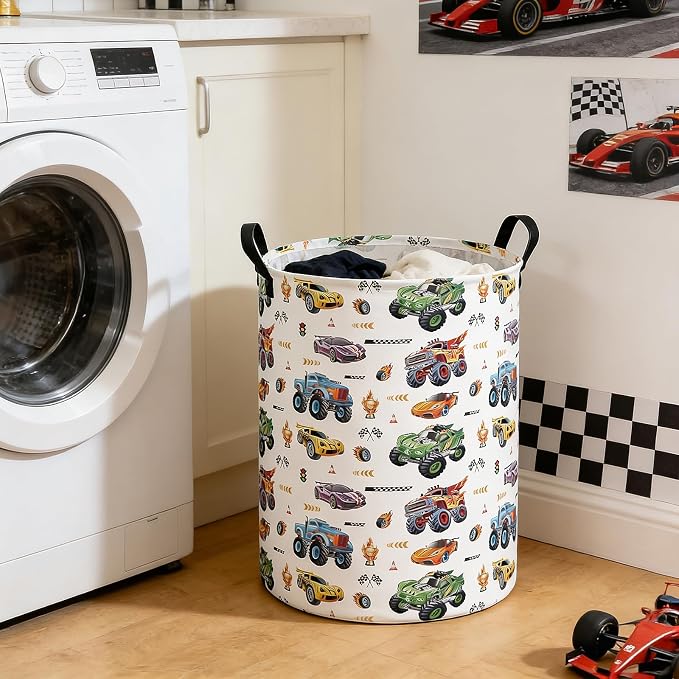Monster Truck Laundry Hamper Storage Basket | Foldable with Waterproof PE Coating Organizer Bin for Kids Boys and Girls,Office,Bedroom,Clothes