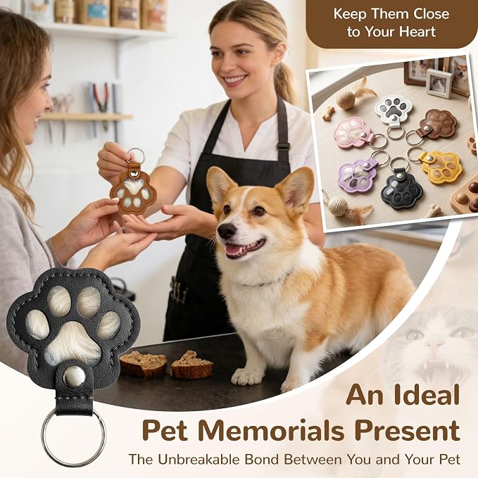 6 Pack Pet Fur Keepsake Keychain, Paw Shaped Leather Cat & Dog Hair Keepsake, Dog Hair Storage Cat Fur Collector Sympathy Memorial Gift for Loss of Pets, Pet Lover Commemorative Keyring