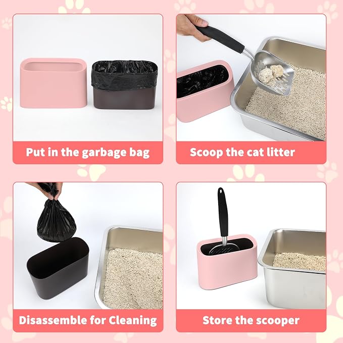 Metal Cat Litter Scoop with Holder, Lidded Caddy Set, Pink | Sifting Slots, Curved Grip, Rinse-Clean Holder, 12 x 4 x 1.5 in Aluminum Scoop, 8 x 2.9 x 5.9 in Lidded Caddy