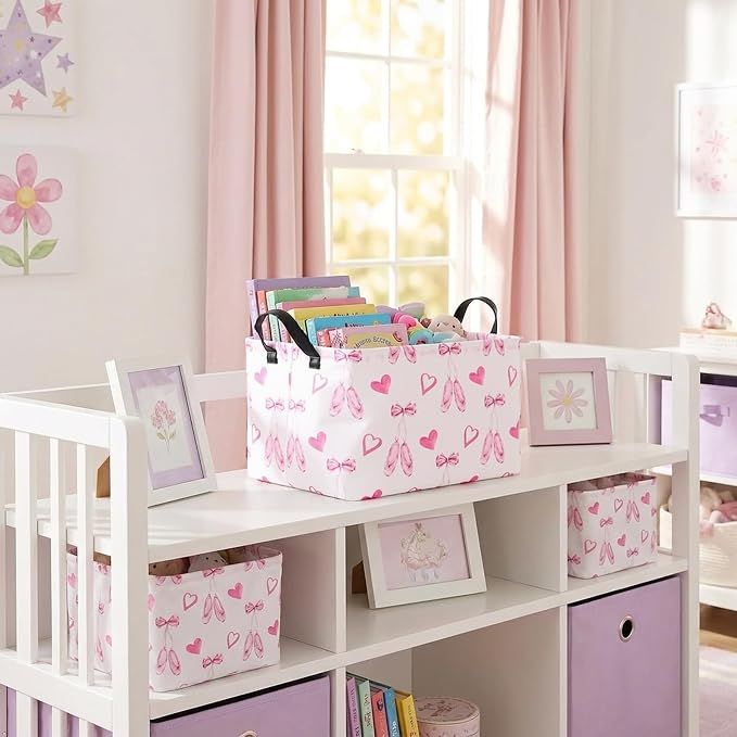 Pink Bow and Heart Storage Basket,Foldable Girls Room Toy Bin with Handles | Foldable basket with coated lining and leather handles for toys,laundry,gifts and girls room organization