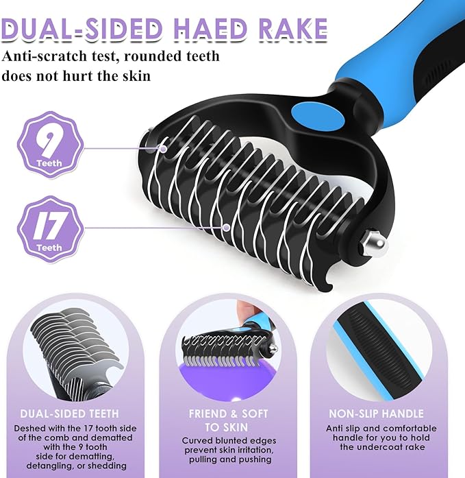 Large Dog Slicker Brush for Goldendoodles, Poodles - 3 in 1 Grooming Kit with Undercoat Rake, Comb - Extra Long Pins for Dematting Great Pyrenees, Thick Coats, Shedding, Detangling, Purple