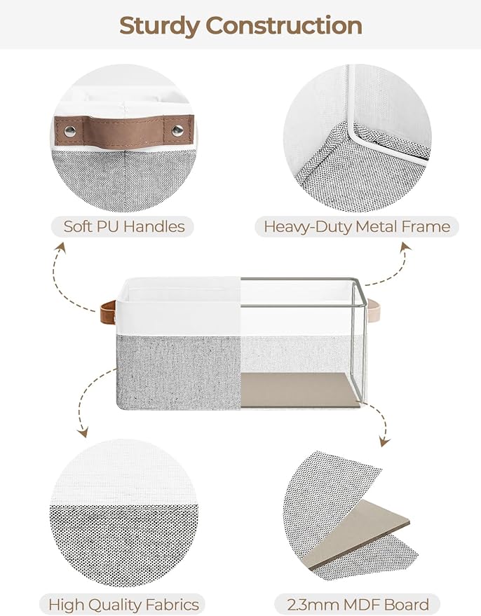 StorageWorks Narrow Storage Bins, Gray and White, 2-Pack | With Metal Frame, Sturdy Structure, PU Handles, Toilet Paper Storage, Small Storage Bins, For Bathroom, Closet, Shelf