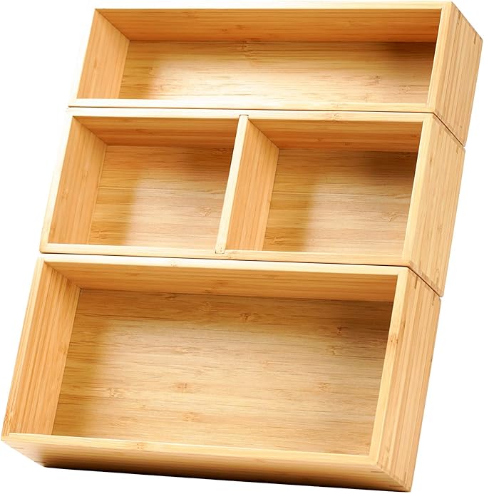 Drawer Organizer Storage Boxes, 2.5" High Bamboo Drawer Dividers, 3 Rearrangeable Bins for Kitchen, Office Desktop, Clothing, Makeup, vanity, Jewelry