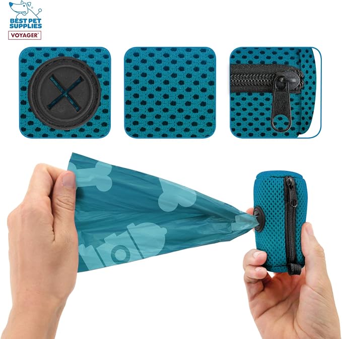 Best Pet Supplies Dog Poop Bag Holder Leash Attachment with Reusable Dispenser for Travel, Walking, Park, and Outdoor Use, Durable with Clip-On - Turquoise, Pack of 2, Mesh Dispenser w/30 Bags