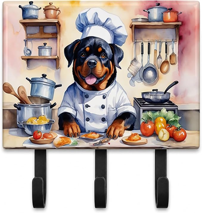 Caroline's Treasures Rottweiler The Chef Leash or Key Holder Wall Hooks, Key Hooks Holder, Coat Rack Wall Mount, Coat Hooks, Hooks for Hanging Keys, Towels, Aprons, Leashes | Rottweiler The Chef artwork on ceramic tile with three steel hooks for keys, ...
