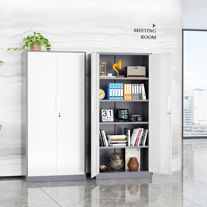 Crownland 72" Metal Storage Cabinet, Lockable Garage Cabinets, High Office Storage Cabinet with Adjustable Shelves for Garage, Home Office, Classroom, Pantry, File(Grey White-Narrow Size)
