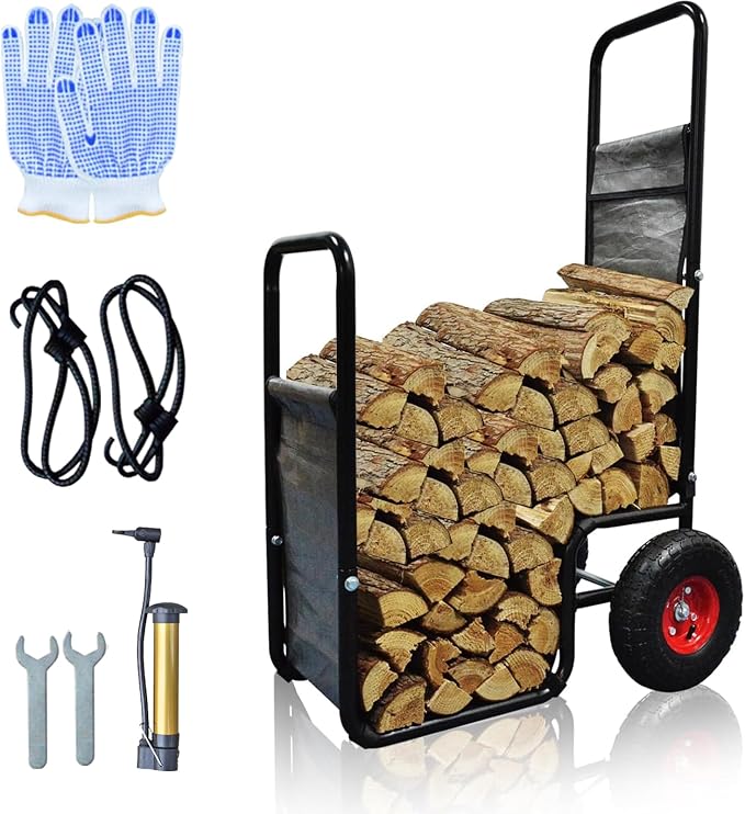 Doublehorse Firewood Cart 27x20x44 in Steel Pneumatic Wheels Gray | Heavy Duty Metal Waterproof Portable Storage Rack for Outdoor Camping Backyard Fireplace Indoor Use
