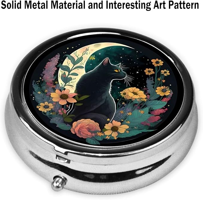 Pill Box, Small Pill Organizer with 3 Compartments and Mirror, Cute Round Portable Travel Metal Pill Case for Pocket or Purse, Privacy-Protecting Medicine Box-Dark Night Moon Flower Cat