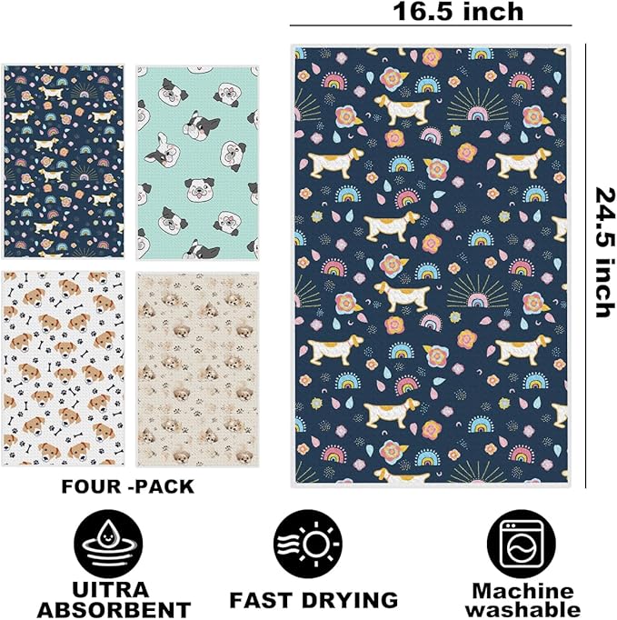 Hanamiya Na 4Pcs Cute Dog Kitchen Towels, Whimsical Decorative Absorbent Microfiber Dish Cloth Tea Towel, Waffle Hand Towels for Farmhouse Home Bathroom, Dog Gifts