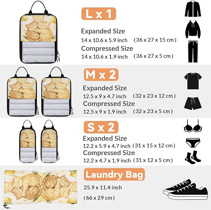 Cute Cats 6 Set Compression Packing Cubes Fruit Lemons Expandable Packing Organizer for Travel Accessories Luggage Suitcase Bag