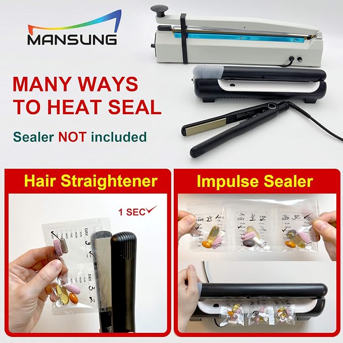 Mansung M 600 Bags/Blank, Heat Seal Pill Bag pouche Pack Sealed for Medicine Funnel Tray Loading AM PM Organizer Dispenser kit Daily Sealing Filler Vitamin sorter envelopes Machine Blister Packs