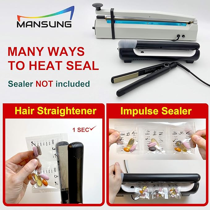 Mansung M 600 Bags/Green, Heat Seal Pill Bags, Suite, Sorter Organizer for Medication, Food Safe, BPA Free Heat Seal Bag pouche Pack Organizer Dispenser kit Daily Blister Packs Use with Tray, AM PM