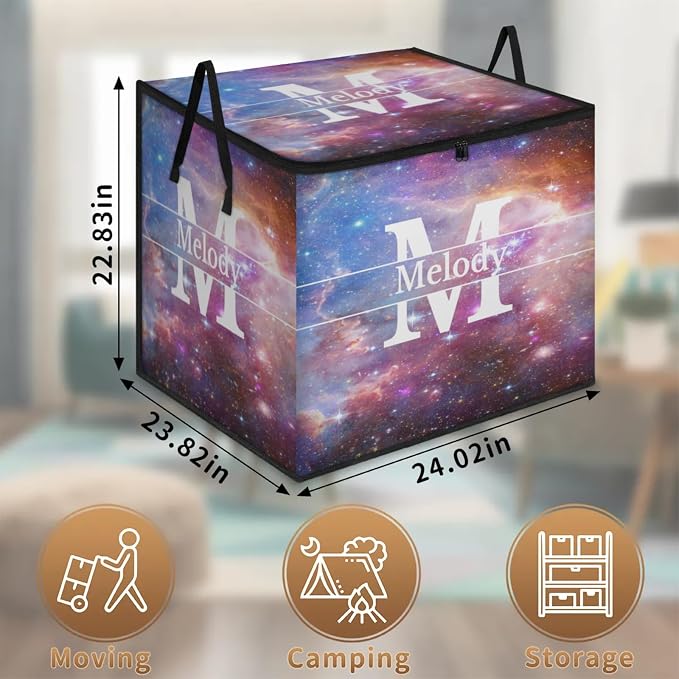 Custom Name Large Clothes Storage Organization with Lids, Kids Toys Bin Shelf Basket, Bedding Clothes Storage Bin for Nursery, Gift Basket, Space Universe Galaxy Background with Initial Letter