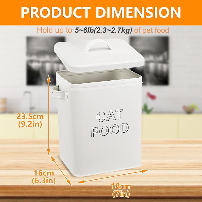 Pethiy Cat Food and Treats Containers Set with Scoop for Cats or Dogs -Tight Fitting Wood Lids - Coated Carbon Steel - Storage Canister Tins-Cat-White