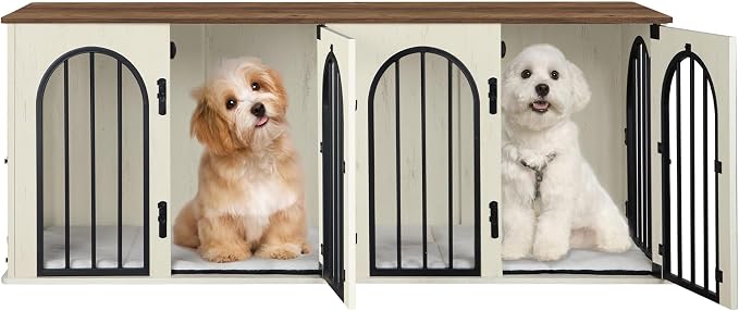 Hzuaneri 63" Double Dog Crate Furniture, Dog Kennel Indoor with Cushion | Heavy Duty Dog Crate Furniture for 2 Dogs,Dog Cage End Table TV Stand with Divider for Med-Large Dogs,White Brown DFC80914BV1