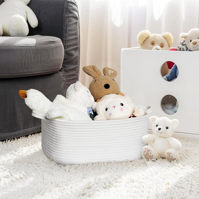 MEGASKET White Cute Cotton Rope Baskets for Organizing, 13.5"x10"x6" Woven Basket for Gifts Empty, Baby Nursery Closet Storage Organizer Bin, Cat Toy Bin Box, Decorative White Easter Gift Basket Empty