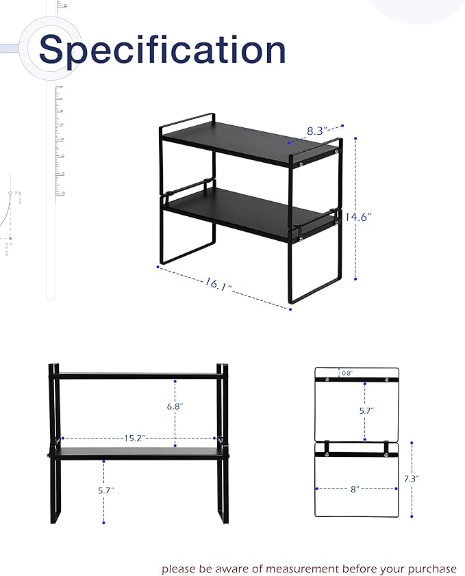 Nxconsu Stackable Cabinet Shelf Organizer 2 Pack, Standard Black | Heavy-Duty 3mm Steel Stackable 2-Tier Shelf, Holds 50 lb, for Kitchen Cabinet Pantry Cupboard Counter Bathroom Under Sink