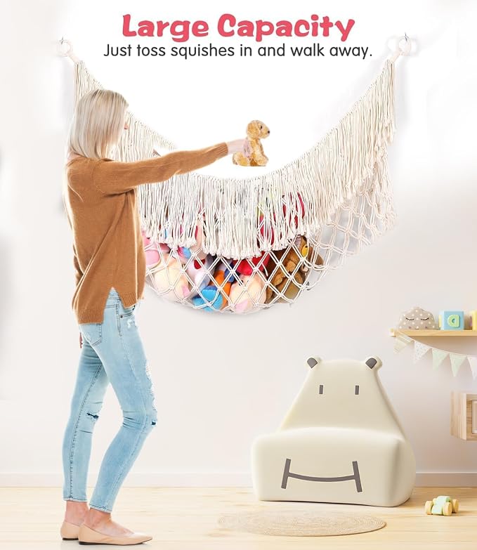 Stuffed Animal Hammock - Extra Large 63'' Long (Cream White) | Premium Cotton Hand-knitted, Beautiful Long Tassel, Storage Hanging Organizer, Can Fit Stuffed Animals 40 Piece or More