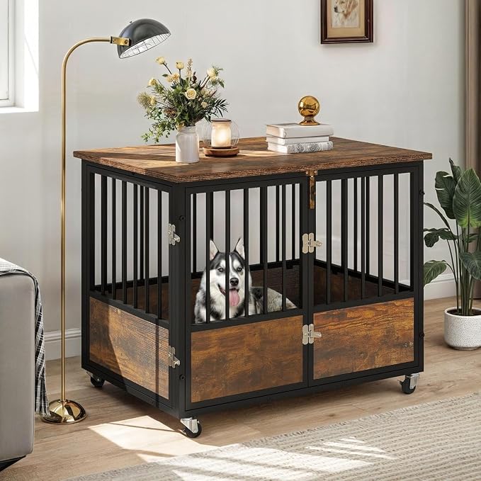 DWVO 38 Inch Dog Crate Furniture with Wheels & Double-Doors | Dog Kennel Indoor Furniture End Table, Farmhouse Decorative Wooden Dog Cage Table, Chew-Resistant, Rustic Brown
