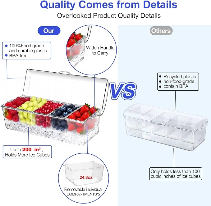Large Ice Chilled Condiment Caddy，Chilled Condiment Containers Server with Lids for 5 Removable Compartments ，Serving Platters, Fruit & Garnish Tray for Party Supplies & Bar Accessories