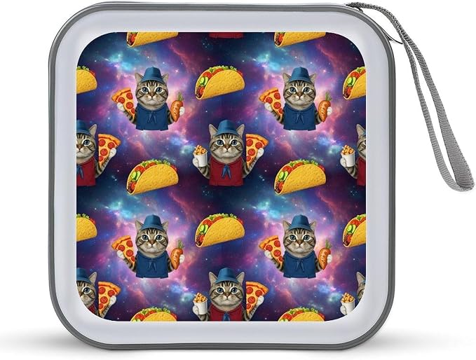 40-Disc CD/DVD Protective Case Funny Cute Galaxy Cat Taco Pizza, Hard Plastic Binder with Zipper, Portable Storage Organizer for Travel Office