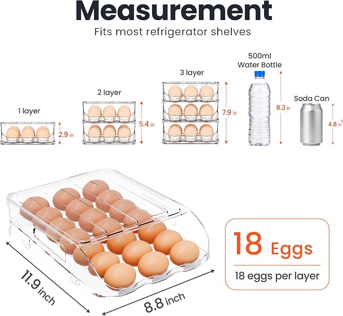 SMRCAD 18-Egg Dispenser with Silicone Bumpers, Auto-Rolling, Stackable | BPA-free food-grade PET | Stackable with lid | Built-in handle | 11.92"L x 8.85"W x 2.9"H | Hand wash only