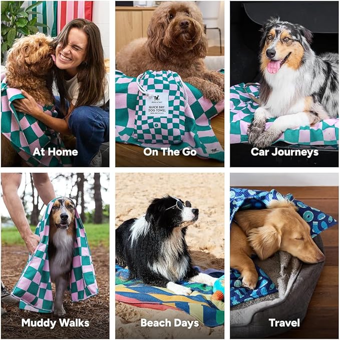 Dock & Bay Pet Towel - Super Absorbent & Quick Drying Dog Towels with Bag - 100% Recycled - Check Mutt, Medium (90x50cm, 35x19)
